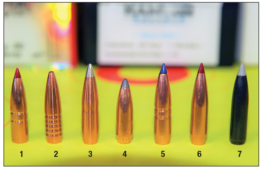 Bullets used for testing included: (1) Hornady’s 90-grain CX, (2) Hammer Bullets’ 92-grain Hammer Hunter, (3) Badlands Precision 95-grain Bulldozer2, (4) Speer’s 100-grain Boattail Soft Point, (5) Barnes’ 101-grain LRX BT, (6) Hornady’s 110-grain ELD-X and (7) Nosler’s 115-grain Ballistic Silvertip.